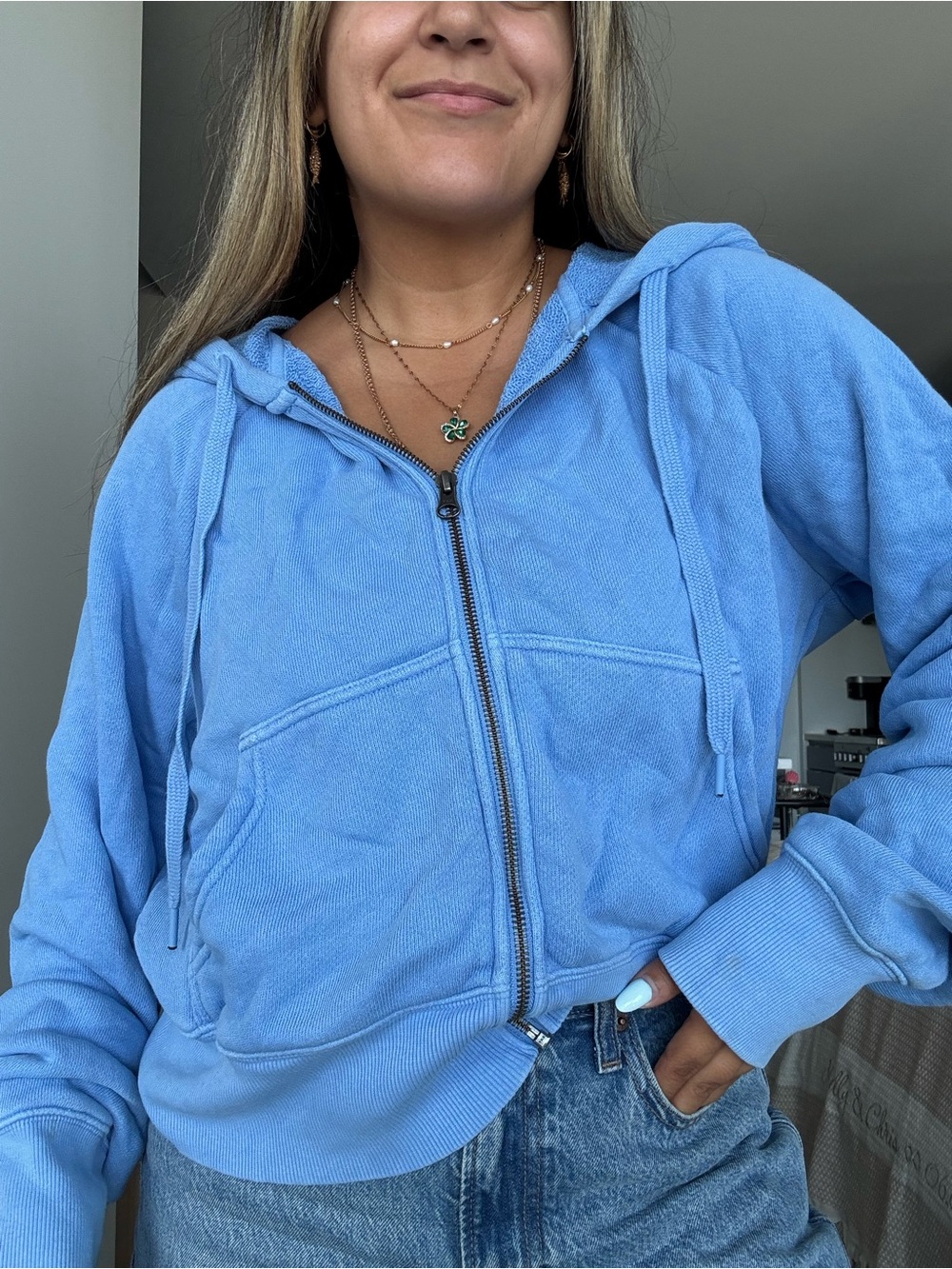 aerie Sky Blue Zip-Up Hoodie with Drawstring Hood